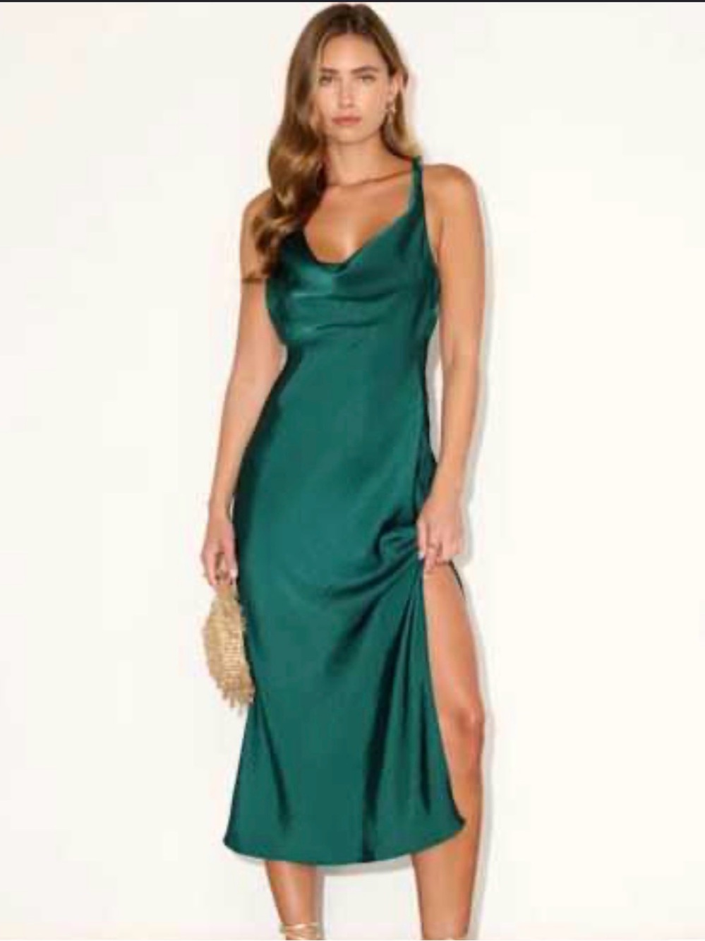 NWOT Satin Cowl Midi Dress with Side Slit in Emerald Green XS